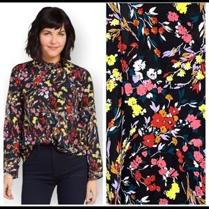 Allison Joy black Gigi blouse with floral pattern and smocked neck. Size XL
